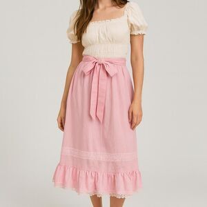 Vintage 70s 1970s long Pink fairy skirt with lace trim and bow